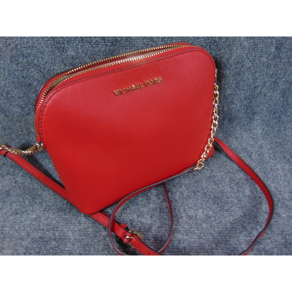 Michael Kors Cindy Dome Crossbody Red Saffiano Leather 38S9YCP03L Gold Chain
